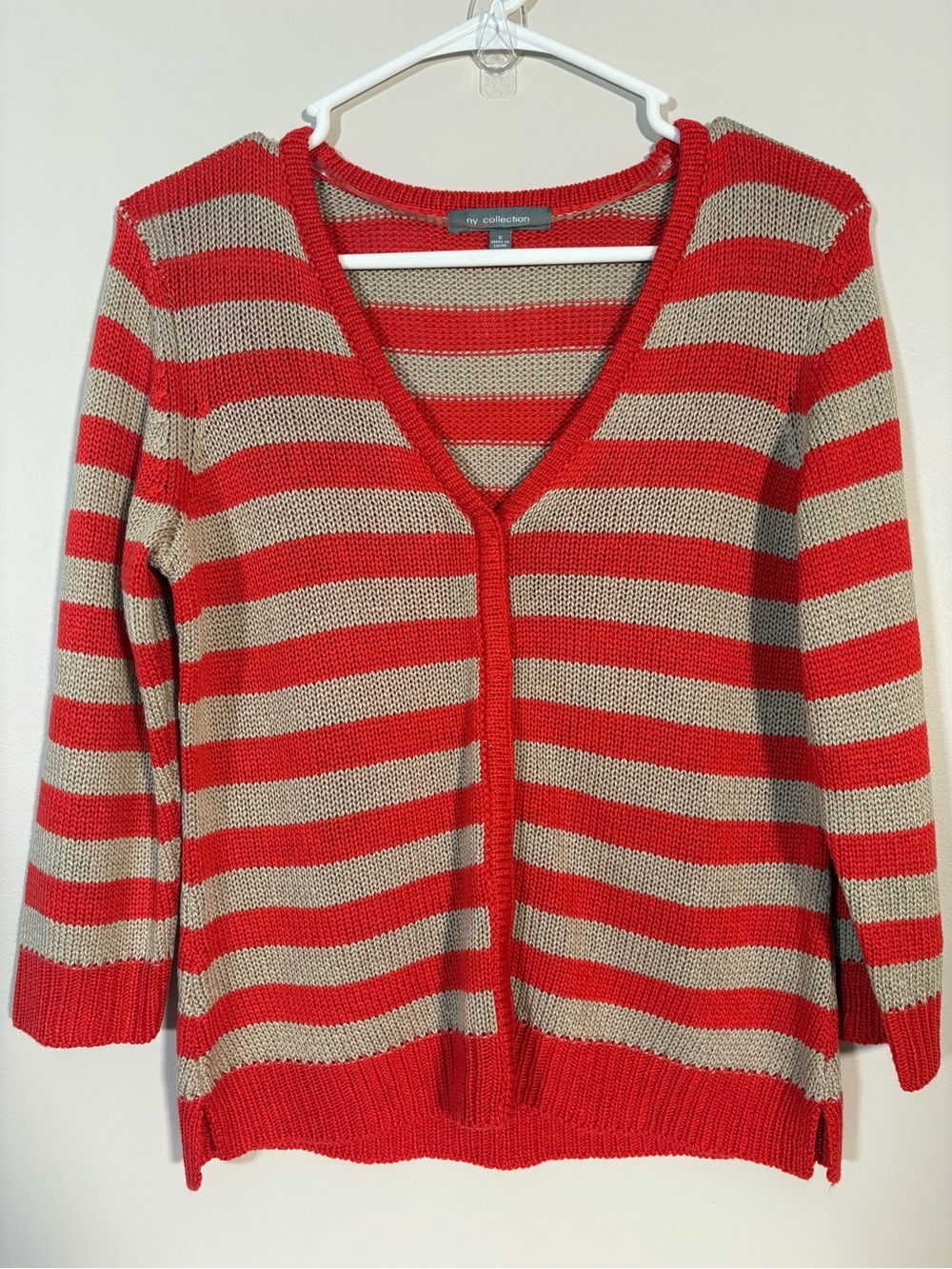 NY Collection Red and Tan Striped V-Neck Cardigan Sweater